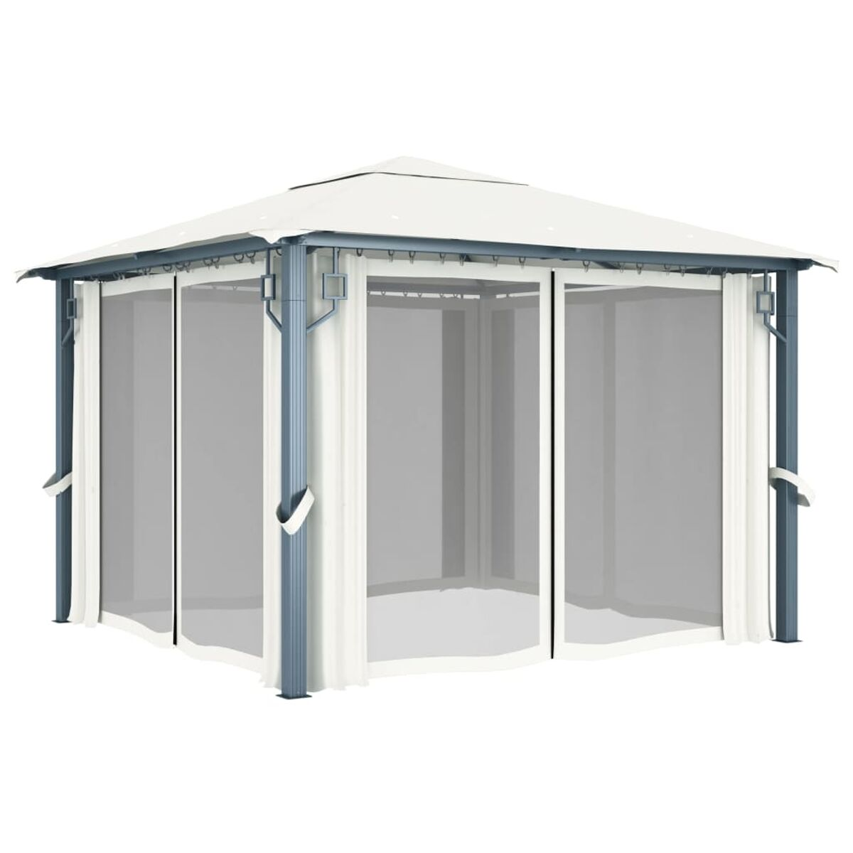 Weißer Pavillon mit Netzvorhängen, Metallrahmen, auf weißem Hintergrund.