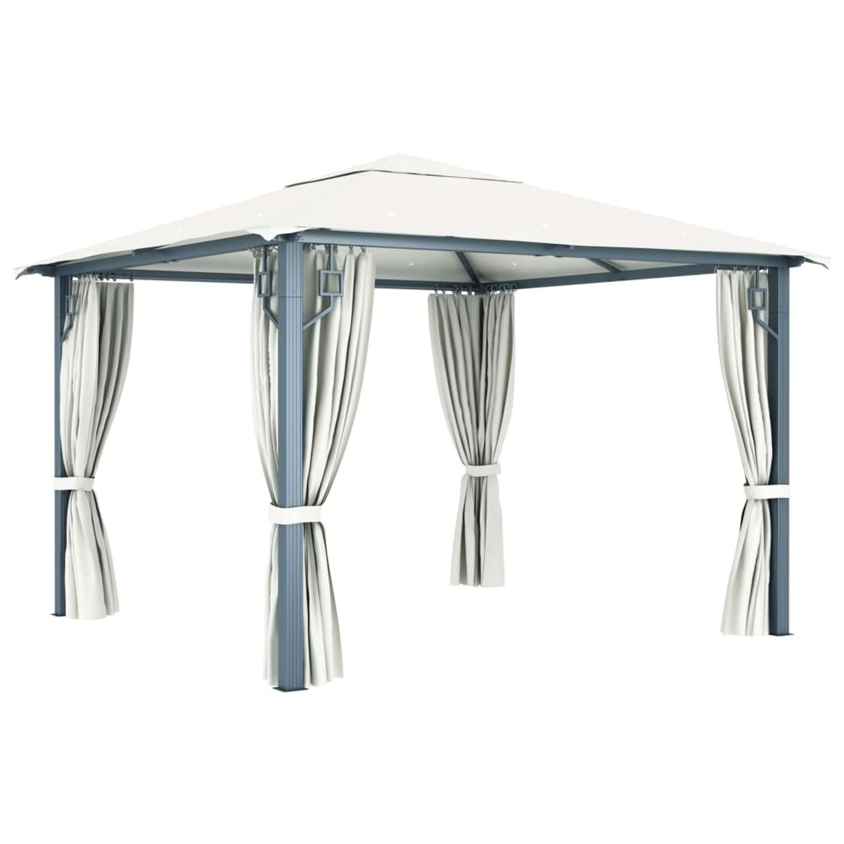 Ein weißer Pavillon mit grauem Rahmen, weißen Vorhängen und weißem Dach, auf weißem Hintergrund.
