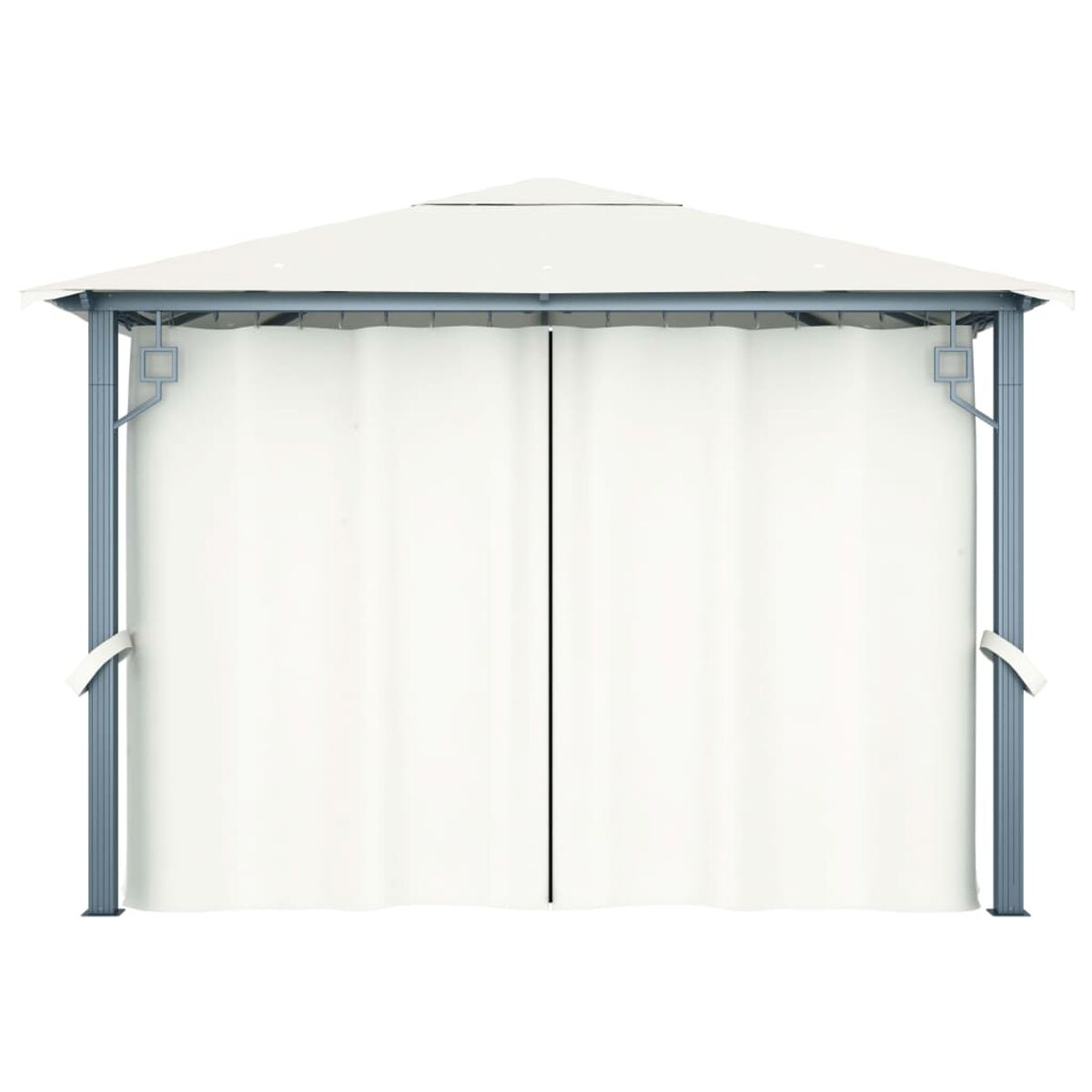 Weißer Pavillon mit geschlossenen weißen Vorhängen. Grauer Rahmen. Weißer Hintergrund.