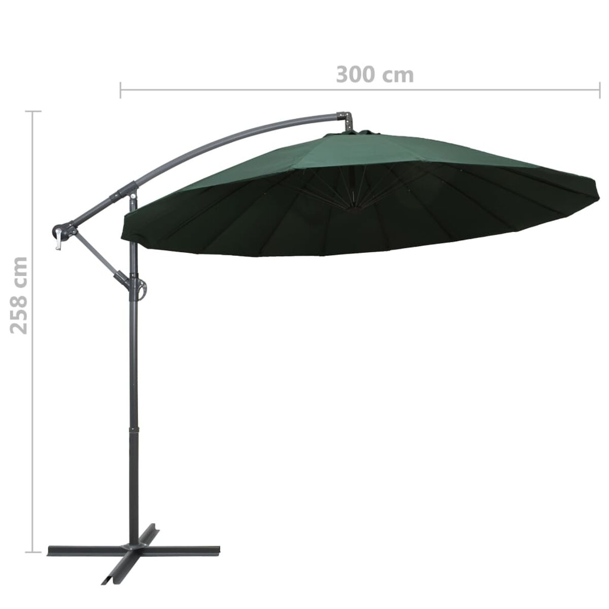Grüner Ausleger-Sonnenschirm mit 300 cm Breite, 258 cm Höhe und schwarzem Ständer.
