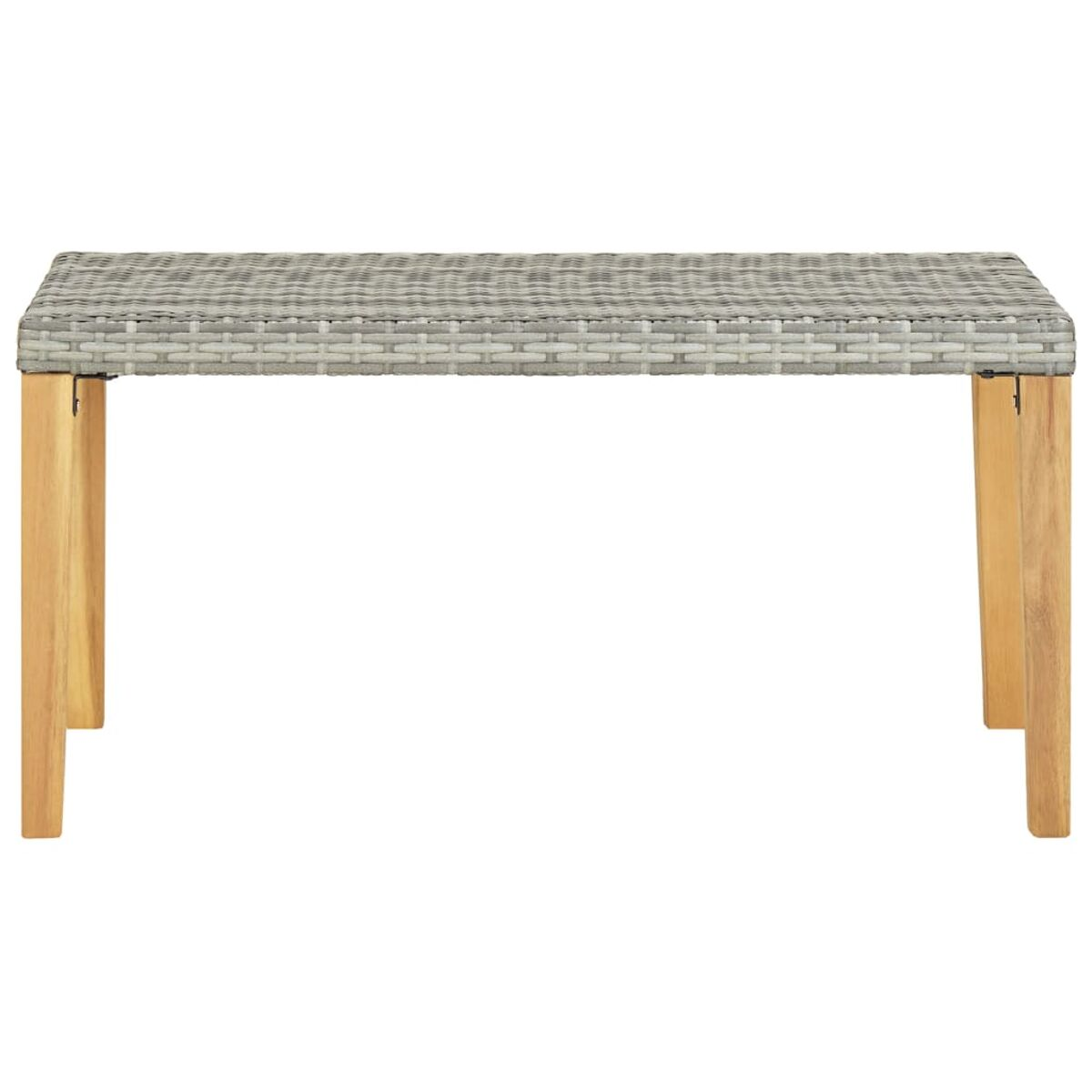 Rechteckiger Tisch mit grau gewebter Platte und Holzbeinen, weißer Hintergrund.