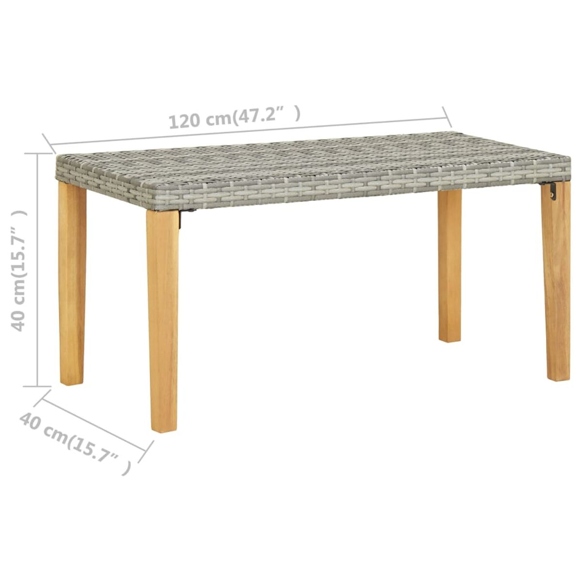 Grauer Rattantisch mit Holzbeinen und angezeigten Maßen.