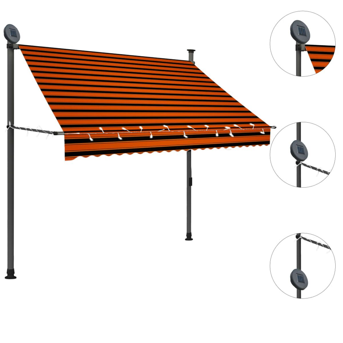 Ein gestreifter orange-schwarzer Sonnenschutz mit Solarleuchten und dunklem Rahmen.