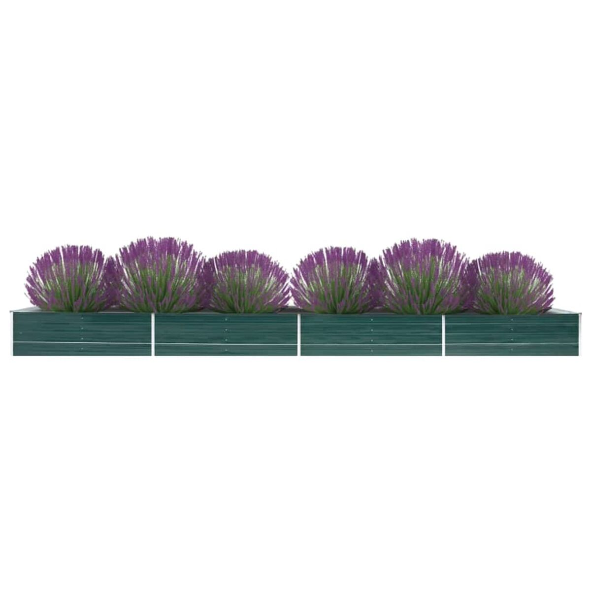 Grüner Metallpflanzer mit lila, runden Blumen in einer Reihe.