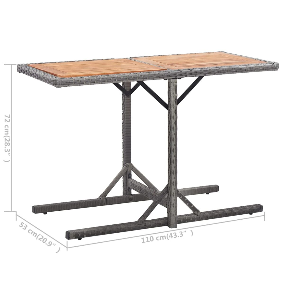 Rechteckiger Gartentisch mit brauner Platte und grauem Rattangestell. Maße: 110x72x53 cm.