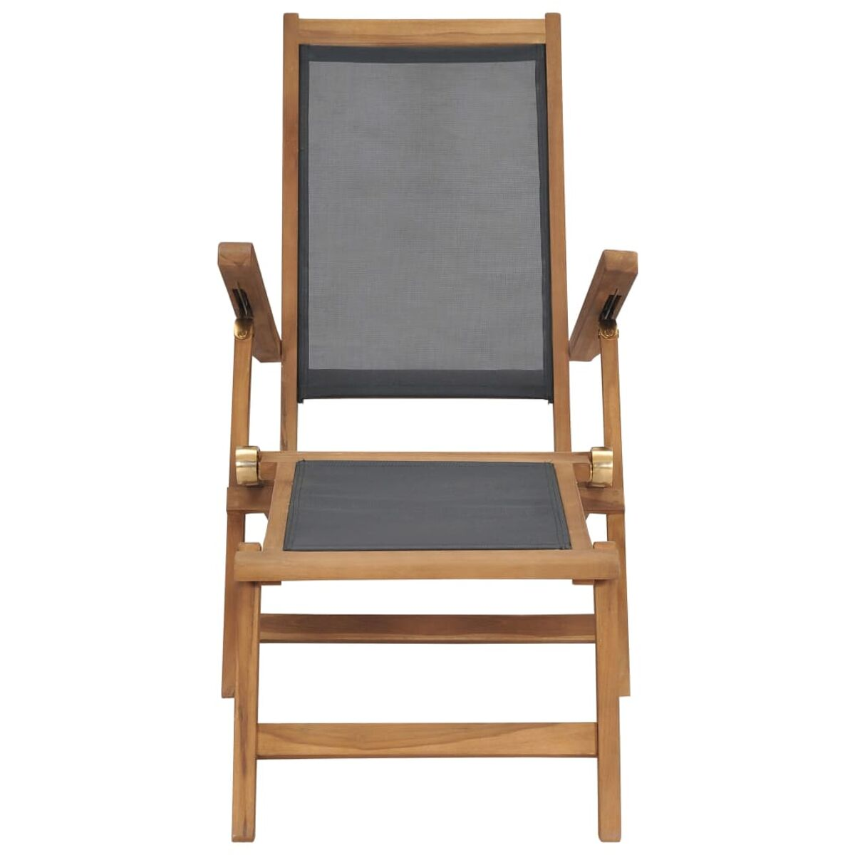 Ein Holz-Außenstuhl mit Netzbespannung. Der Stuhl steht aufrecht.