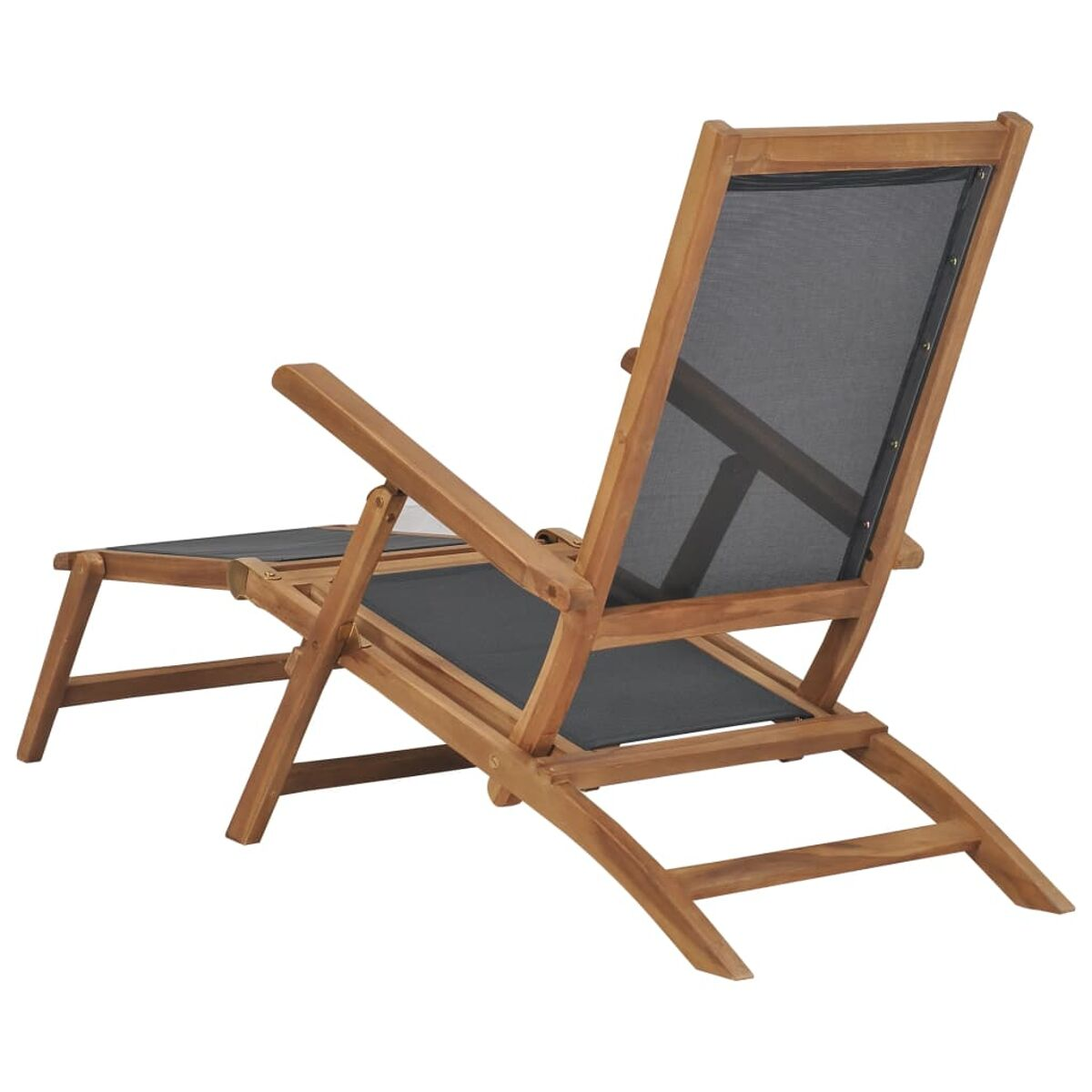 Eine hölzerne Chaiselongue mit einer dunkelgrauen Netz-Sitzfläche und -Rückenlehne. Auf weißem Hintergrund.