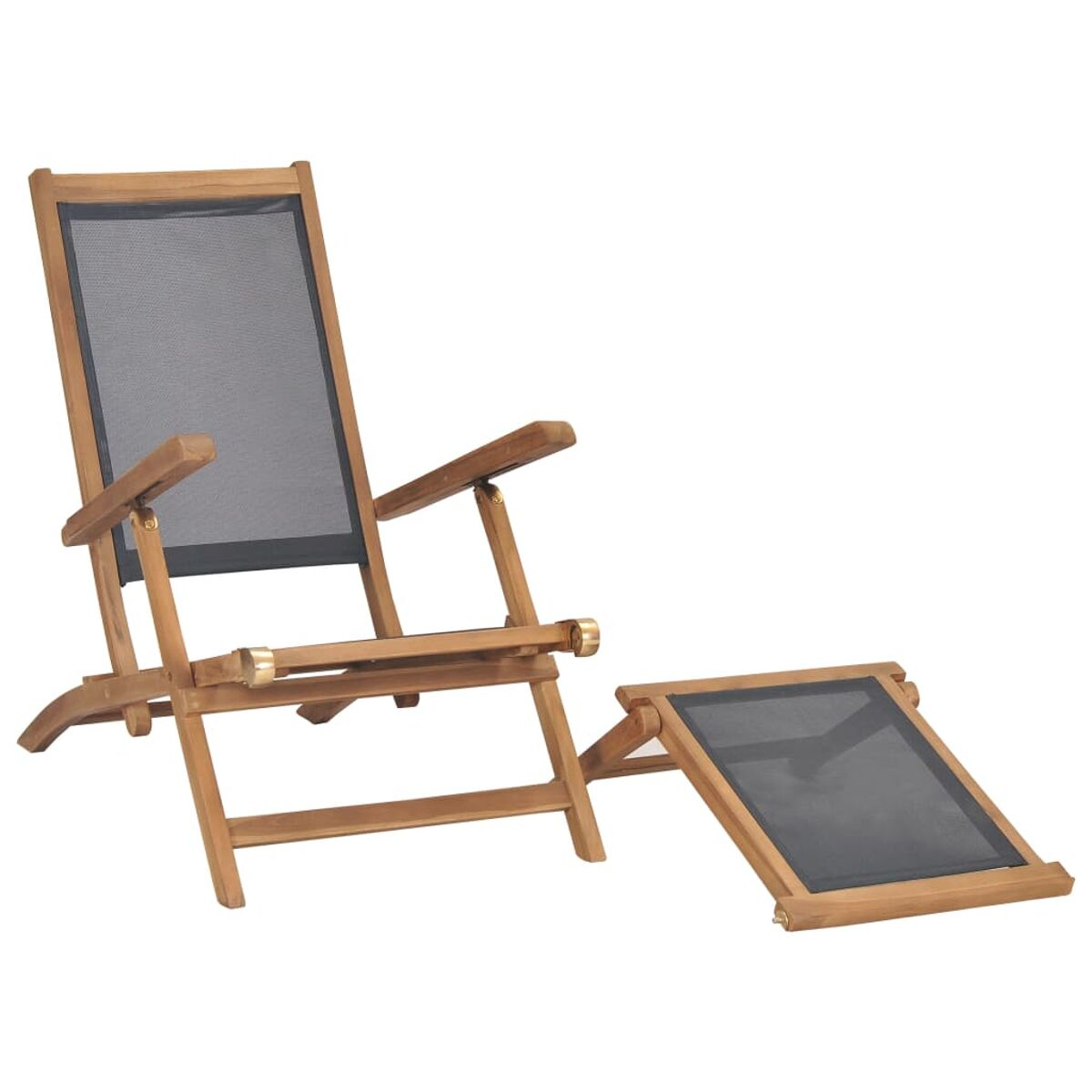 Holz-Liegestuhl für draußen mit schwarzem Netz-Sitz und Fußstütze, auf weißem Hintergrund.