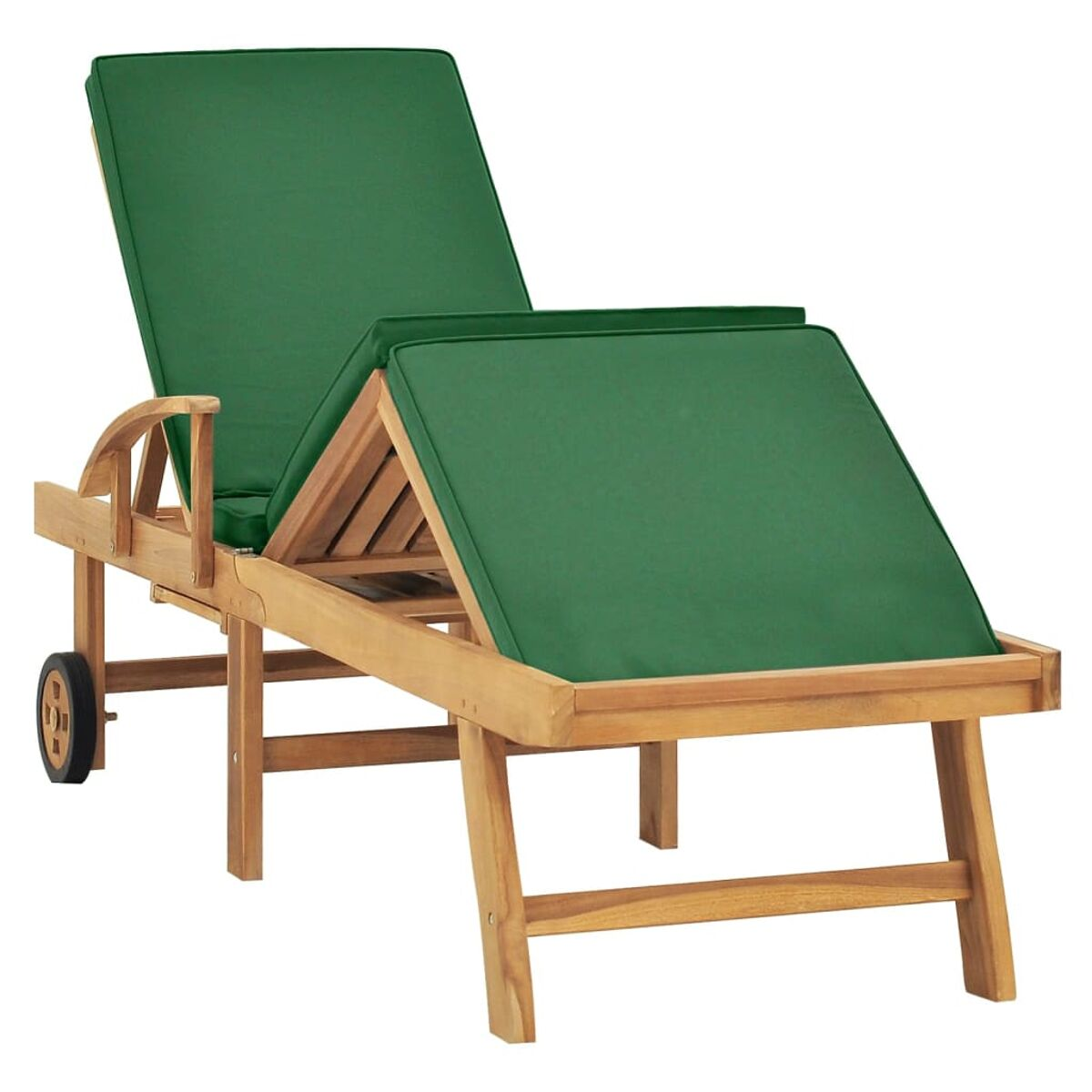 Chaiselongue aus Holz mit grünem Kissen, verstellbarer Rückenlehne und Rad.