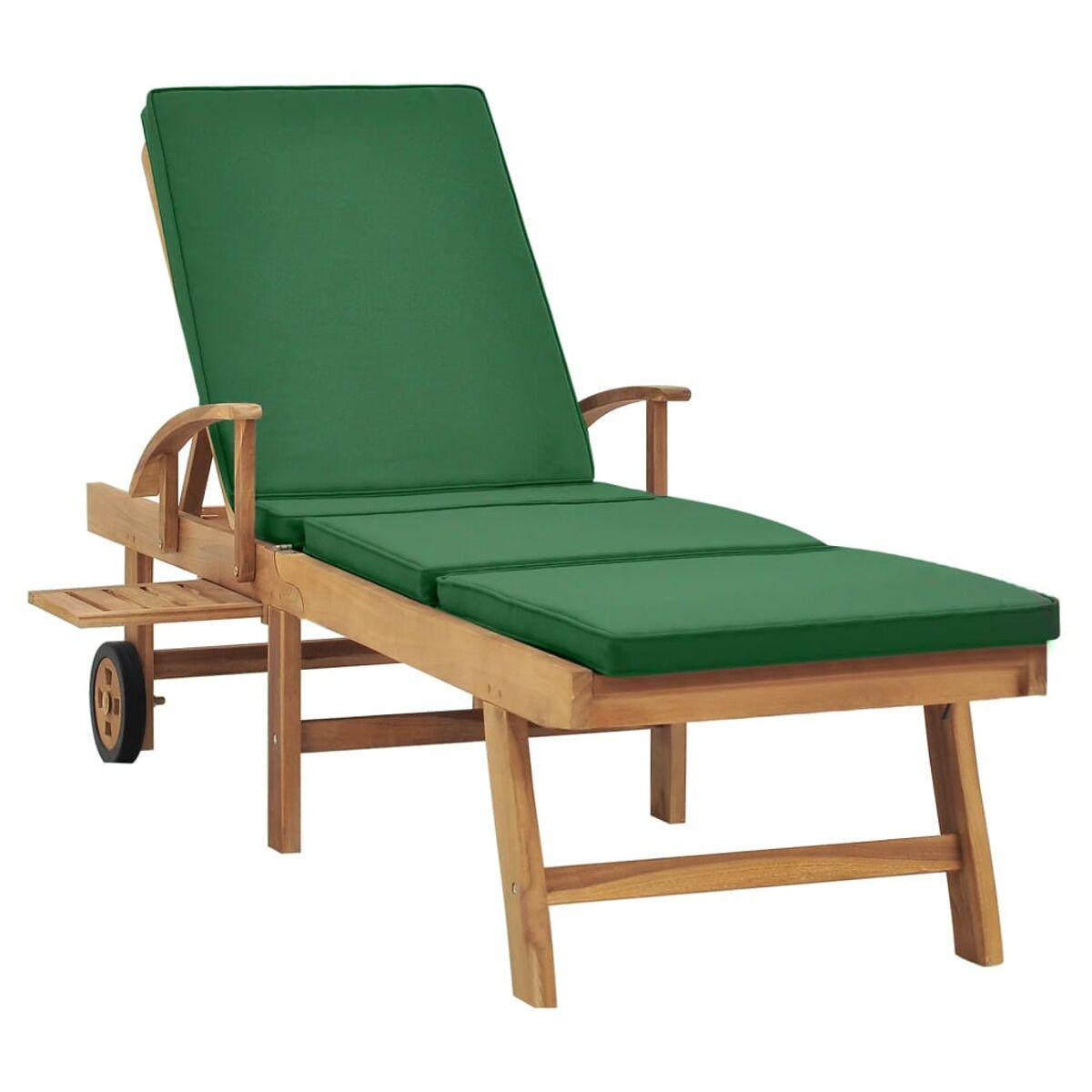 Chaiselongue aus Holz mit grünen Kissen. Hat Armlehnen und einen kleinen Beistelltisch mit Rad.
