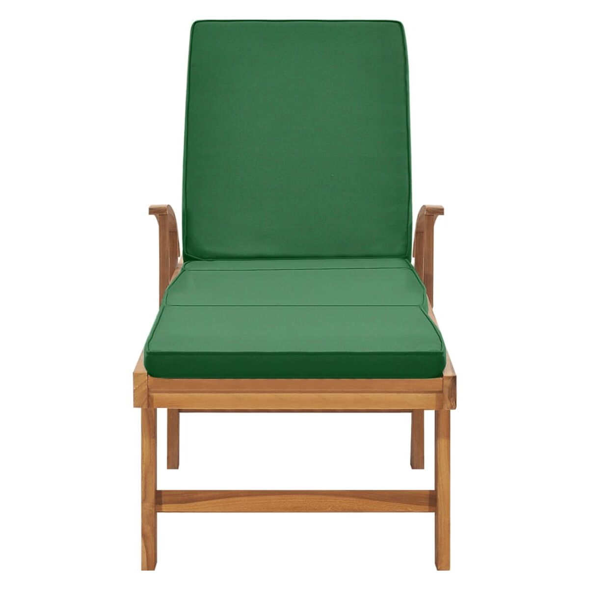 Chaise-Lounge aus Holz mit grünem Kissen. Sie hat Armlehnen und steht vor weißem Hintergrund.