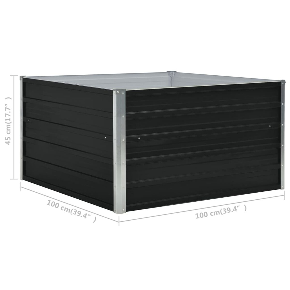 Schwarzes Hochbeet aus Metall mit Abmessungen. Es hat eine quadratische Form.