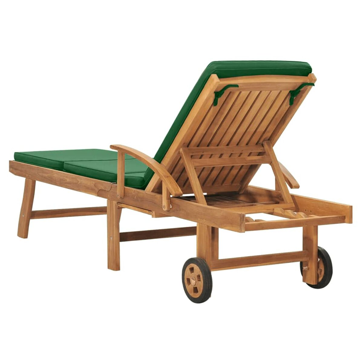 Sonnenliege aus Holz mit grünem Kissen. Rückenlehne ist verstellbar. Räder hinten.