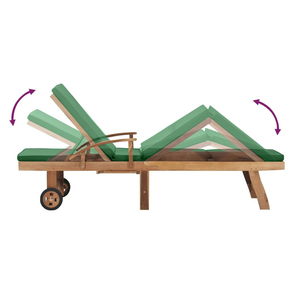 Eine Sonnenliege aus Holz mit grünem Kissen, in verschiedenen Liegepositionen gezeigt.