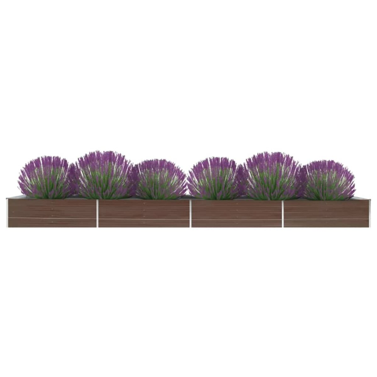 Reihe von sechs lila Blumen in einer braunen Pflanzkiste.
