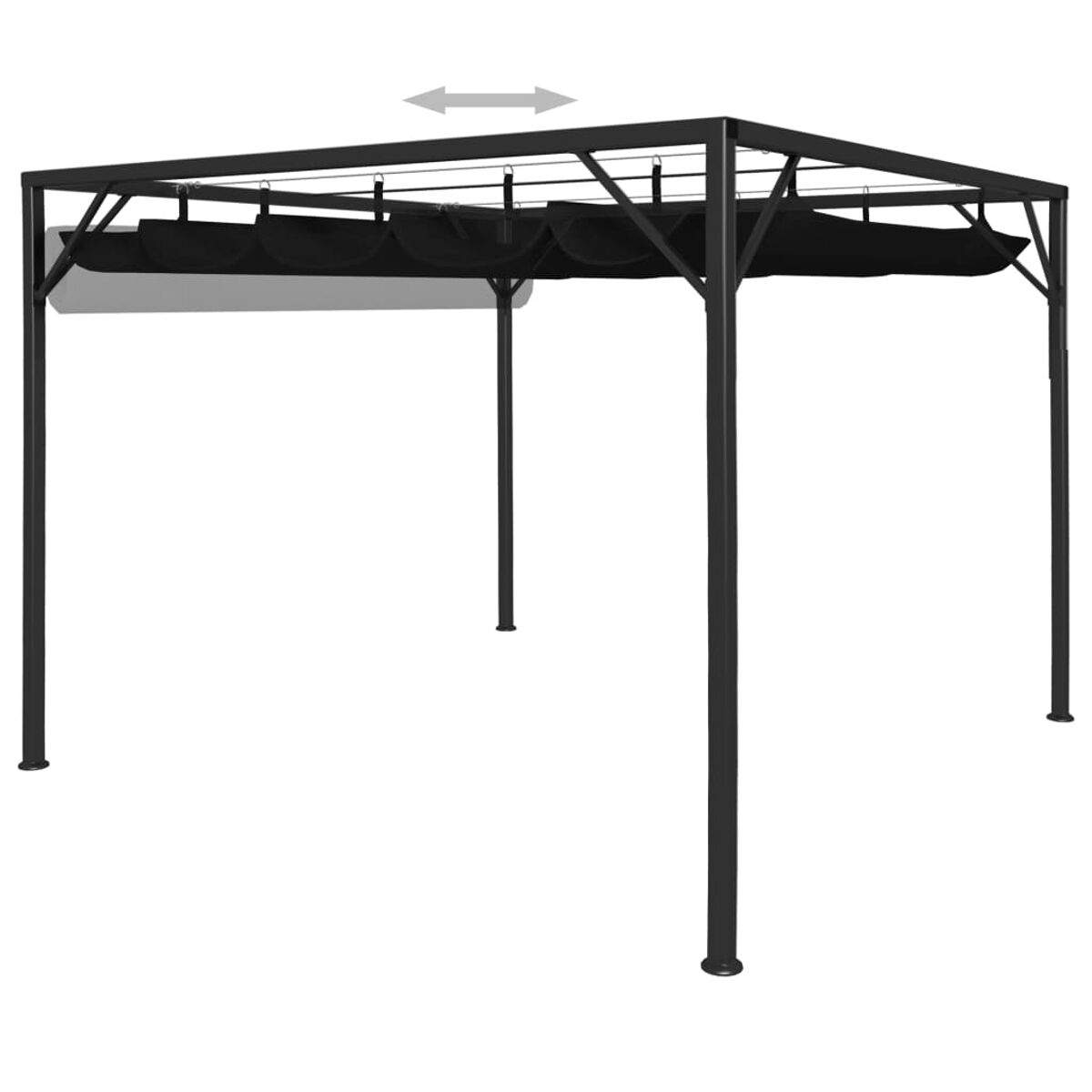 Eine schwarze Pergola mit einem einziehbaren Baldachin. Die Struktur wird von vertikalen Pfosten getragen.