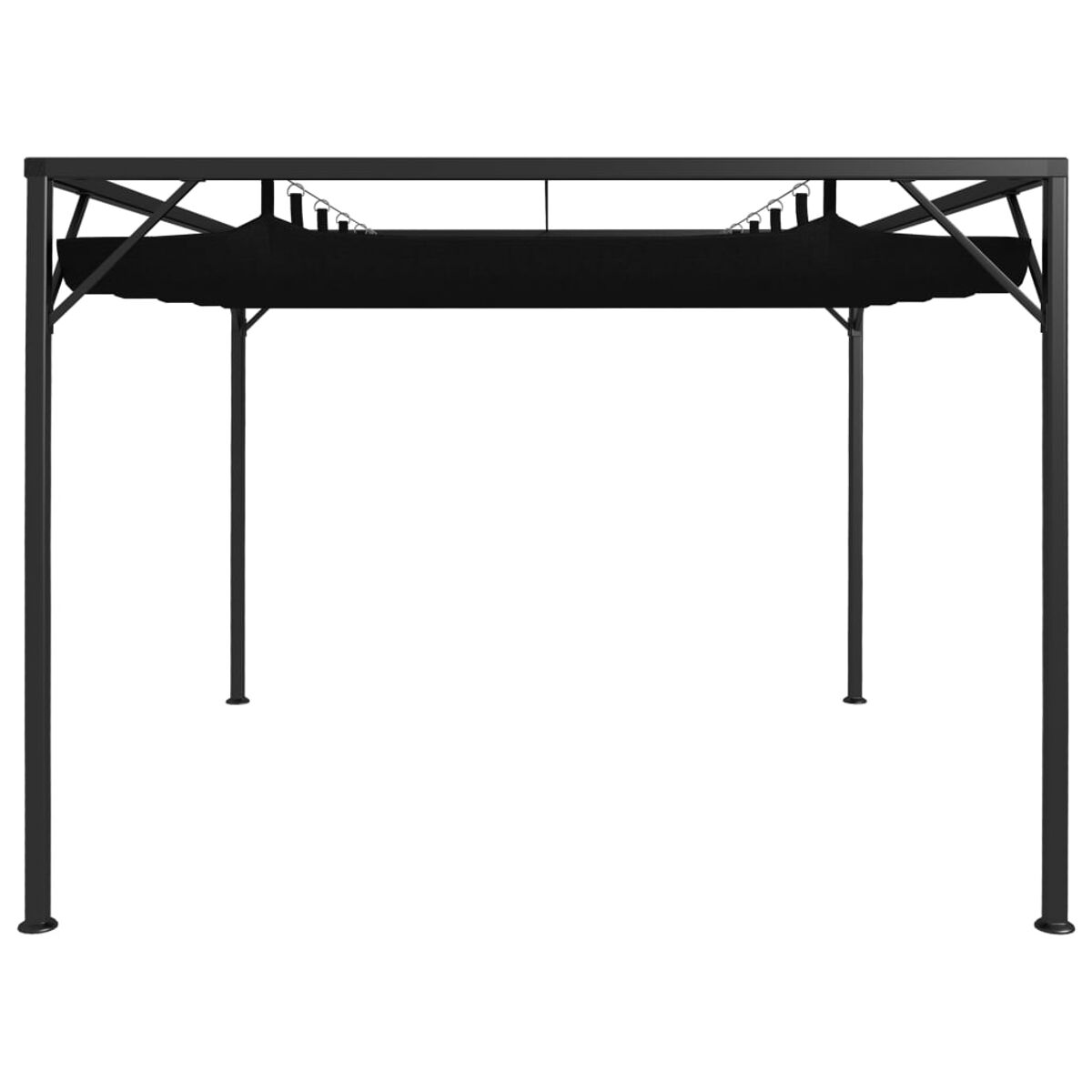 Schwarze Metallpergola mit vier Beinen. Einfaches Design auf weißem Hintergrund.