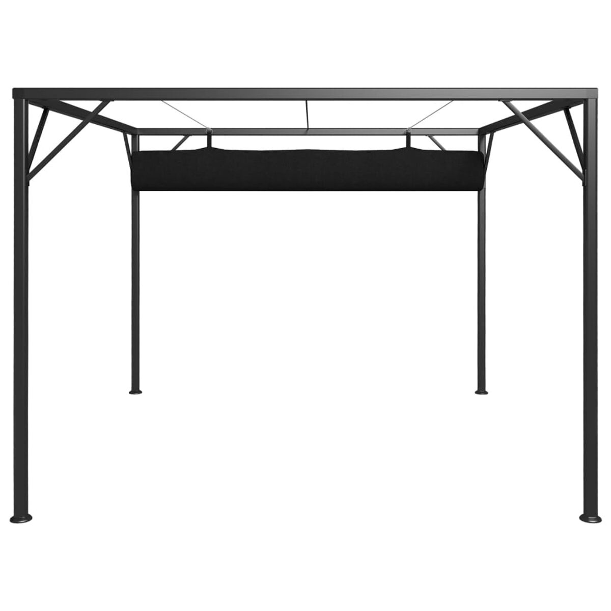 Schwarzer Metall-Pergola-Rahmen auf weißem Hintergrund. In der Mitte befindet sich ein schwarzer Stoff.