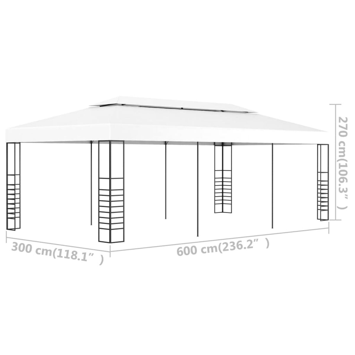 Weißer rechteckiger Pavillon mit beschrifteten Abmessungen. Schwarzer Rahmen und weißes Dach, auf weißem Hintergrund.
