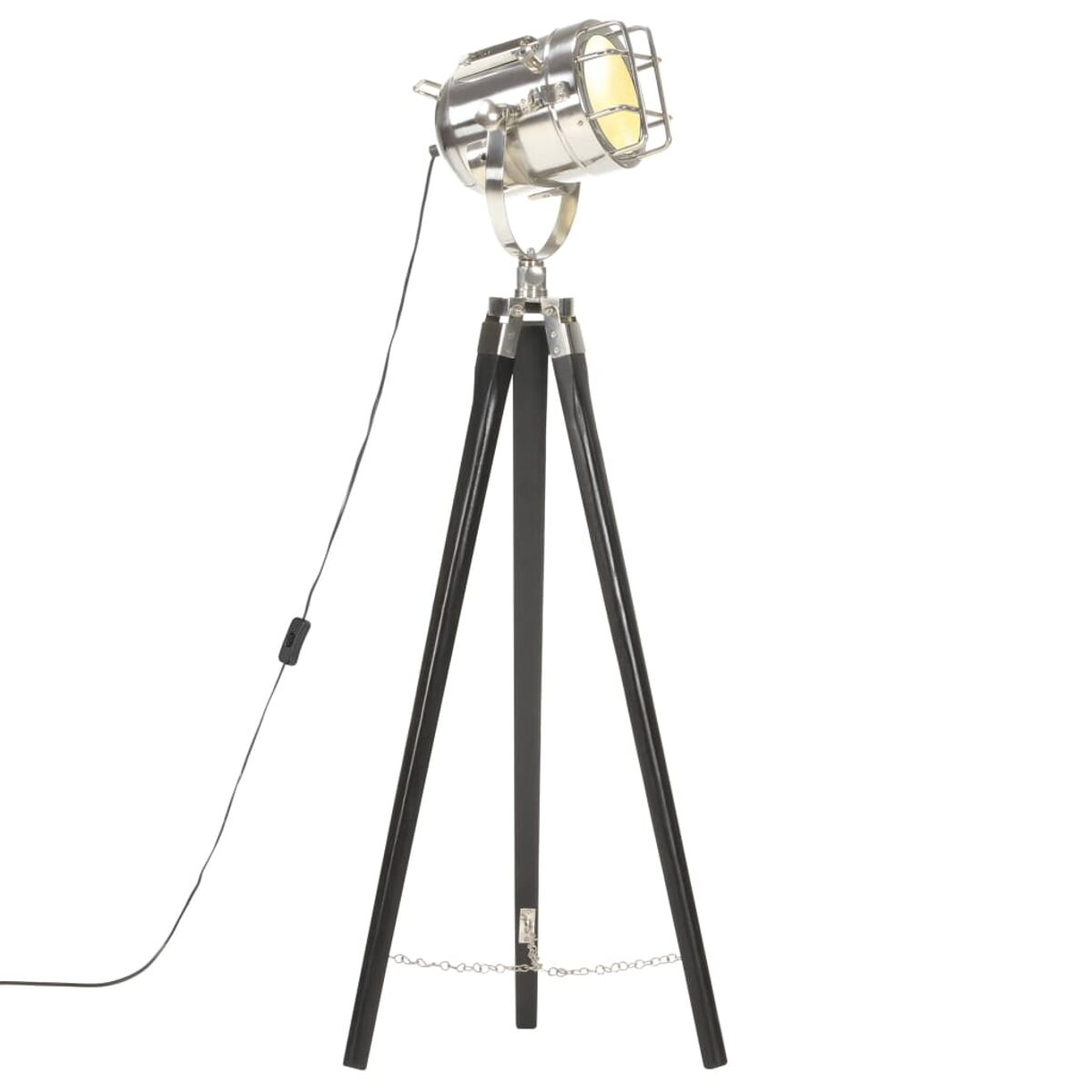 Silberne Strahlerlampe auf einem schwarzen Stativ, weißer Hintergrund.