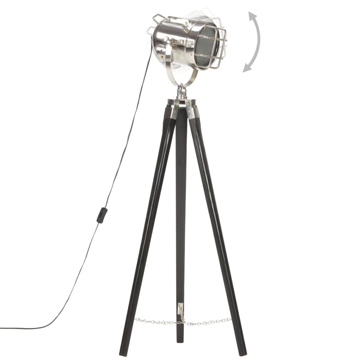 Eine silberne Scheinwerferlampe auf einem Stativ mit schwarzen Beinen. Das Licht hat einen Pfeil.