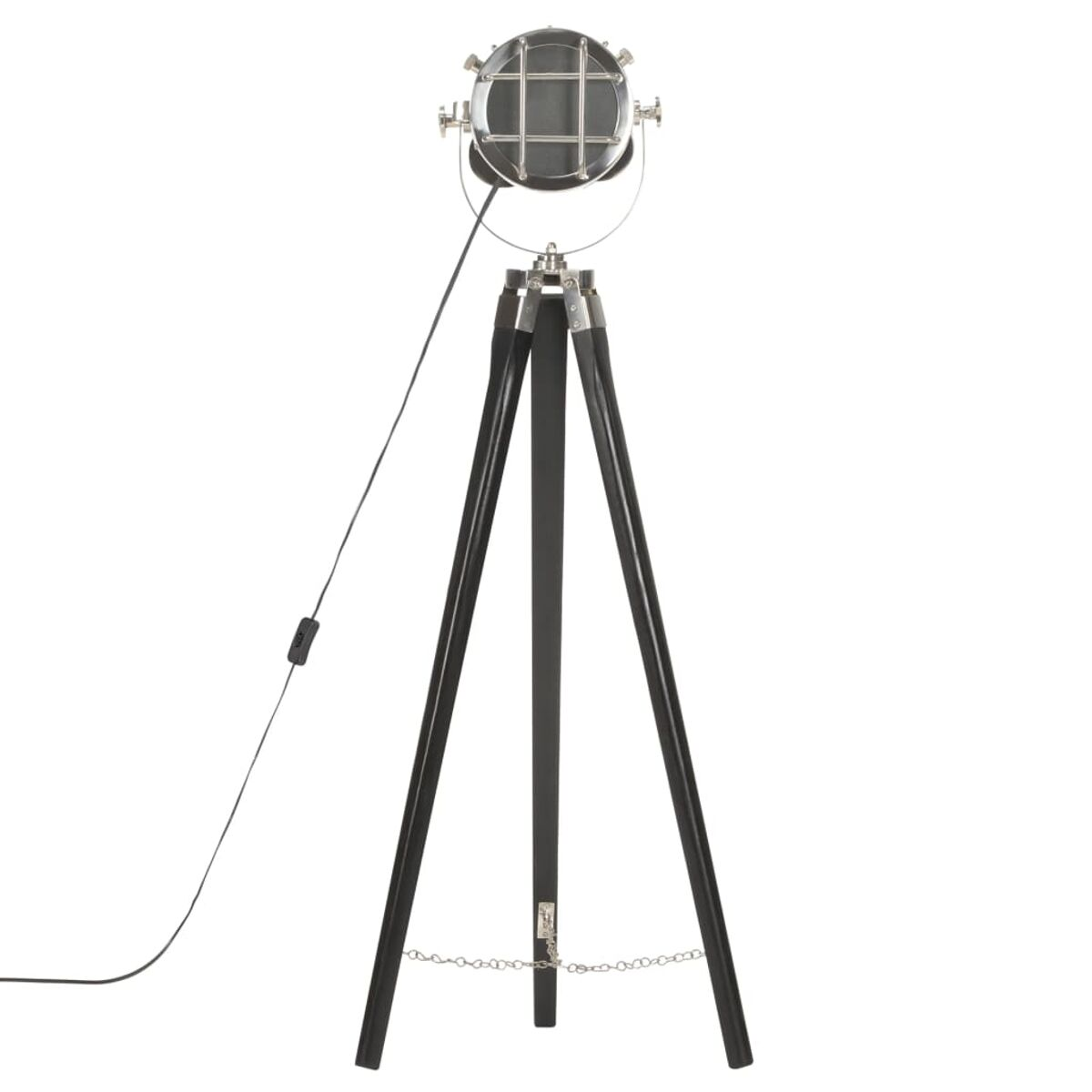 Dreibein-Stehlampe mit schwarzen Beinen und Scheinwerfer. Stromkabel, weißer Hintergrund.
