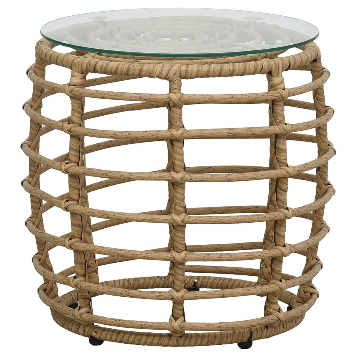 Geflochtener Beistelltisch aus Rattan mit Glasplatte. Der Tisch ist rund mit einem dekorativen Muster.