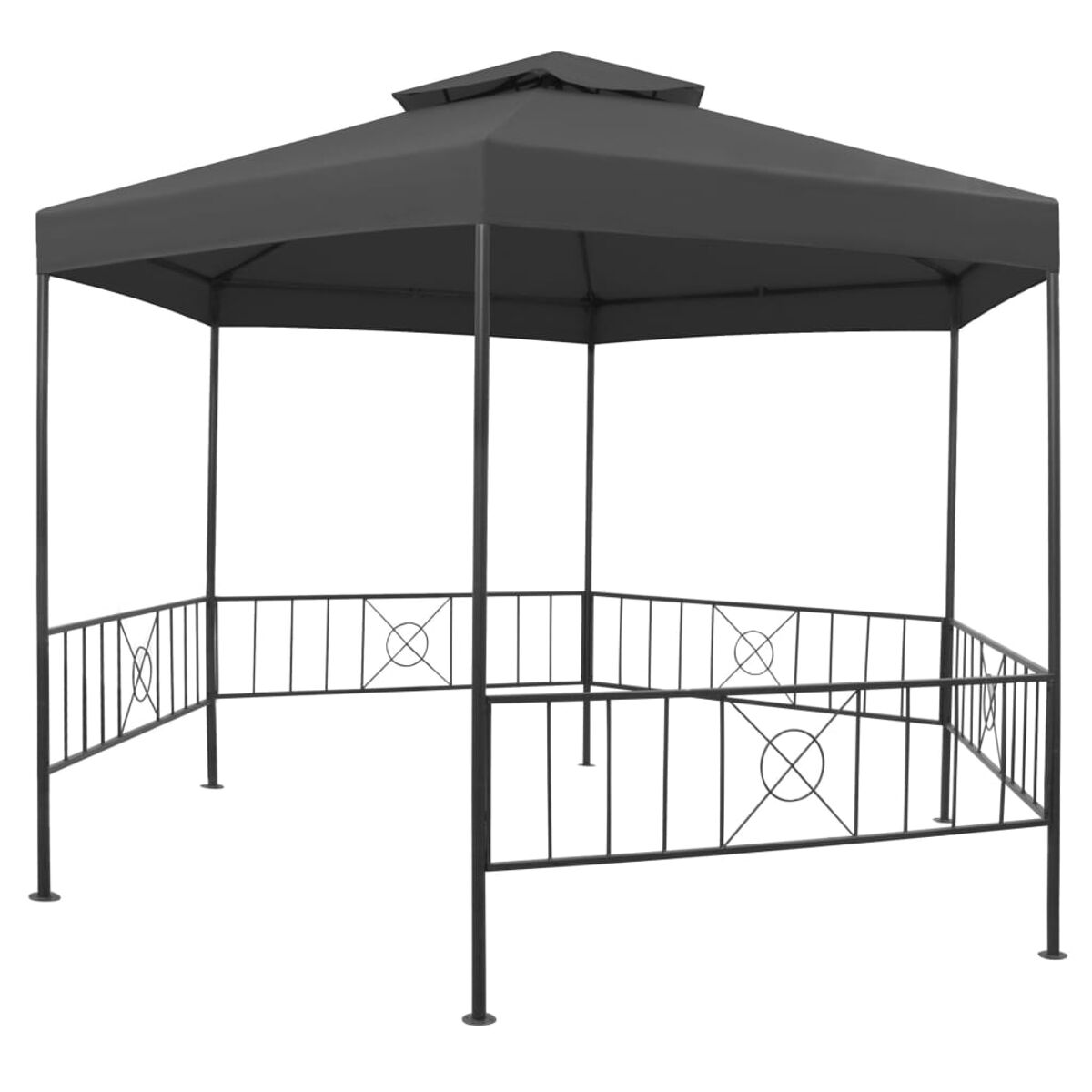 Schwarzer Pavillon mit sechseckigem Dach, Metallrahmen und dekorativem Geländer.