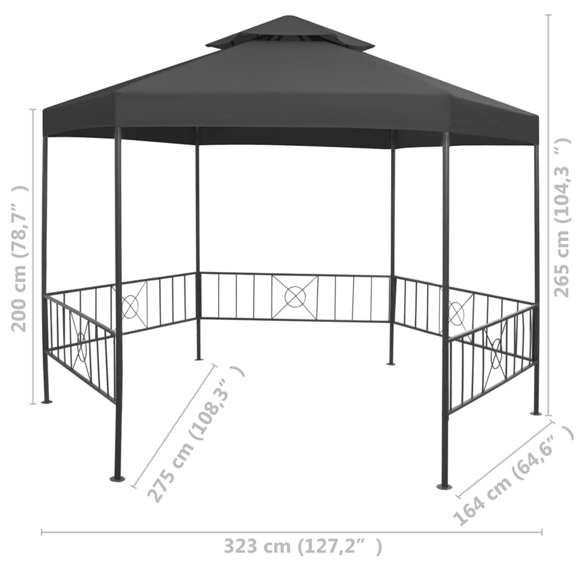 Ein schwarzer Pavillon mit Größenangaben. Es hat eine sechseckige Form, mit schwarzem Stoffdach.