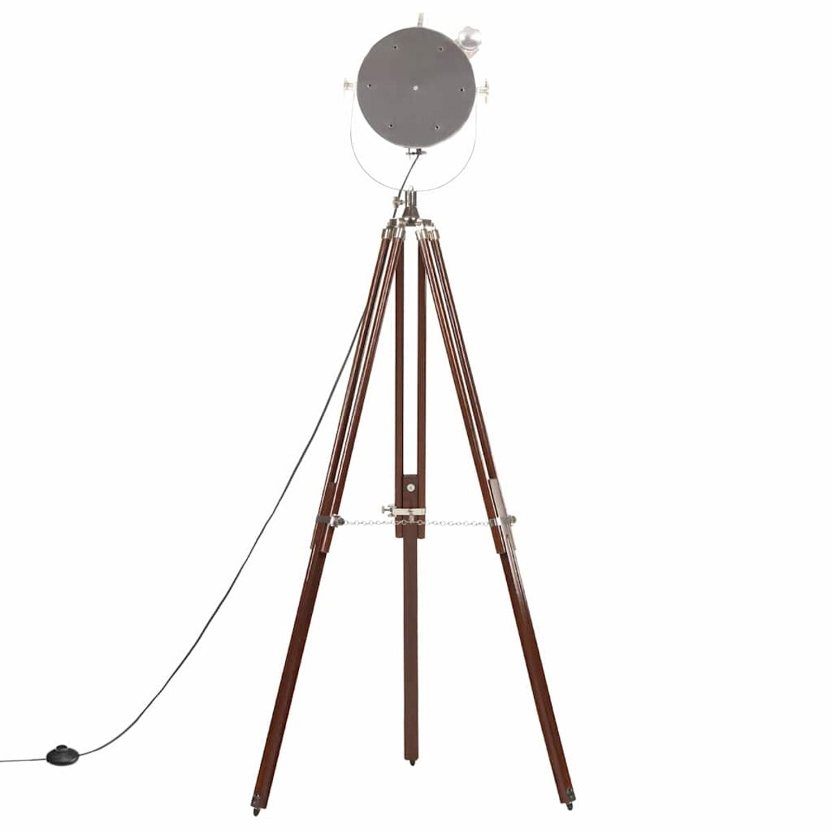 Eine Stehlampe im Retro-Stil mit dunklem Holzstativ und kreisförmiger Leuchte.