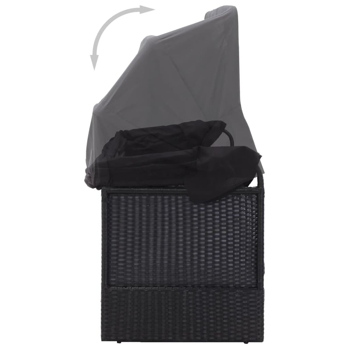 Ein schwarzer Rattan-Stuhl mit einem geöffneten Verdeck, weißer Hintergrund.