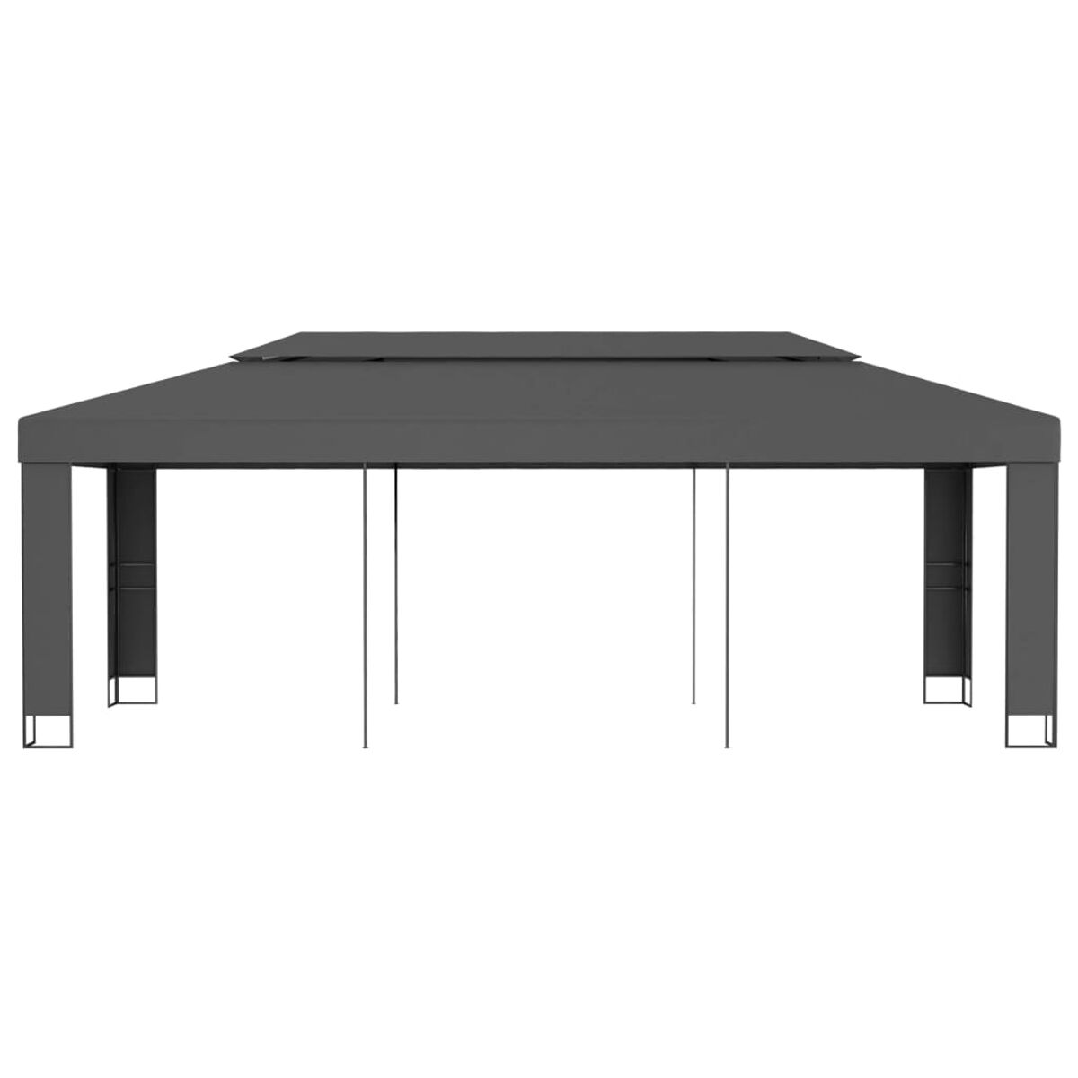 Grauer rechteckiger Pavillon, offenes Design, mit dunkelgrauem Dach.