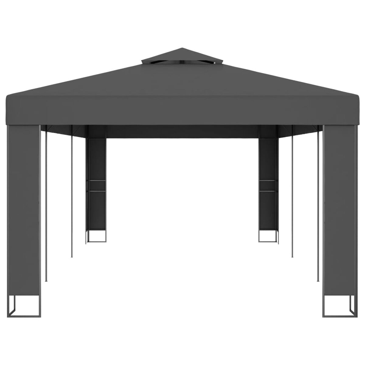 Grauer Pavillon mit dunklem Dach und vertikalen Stützbalken.