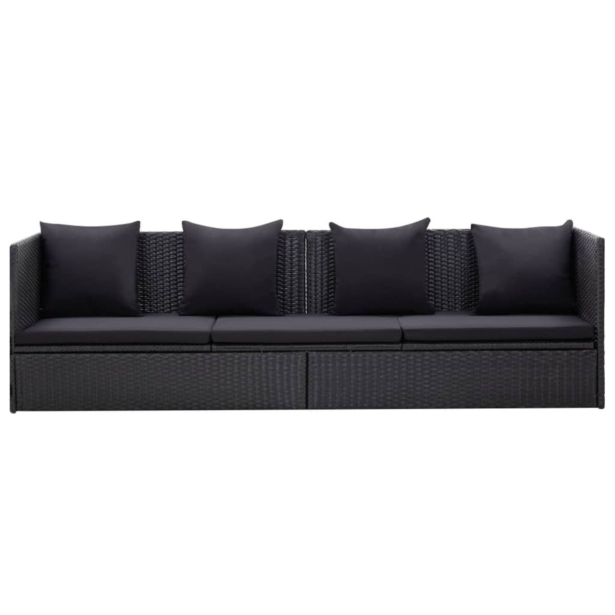 Schwarzes Korbmöbelsofa mit vier schwarzen Kissen. Ein schwarzes Gartenmöbelset.