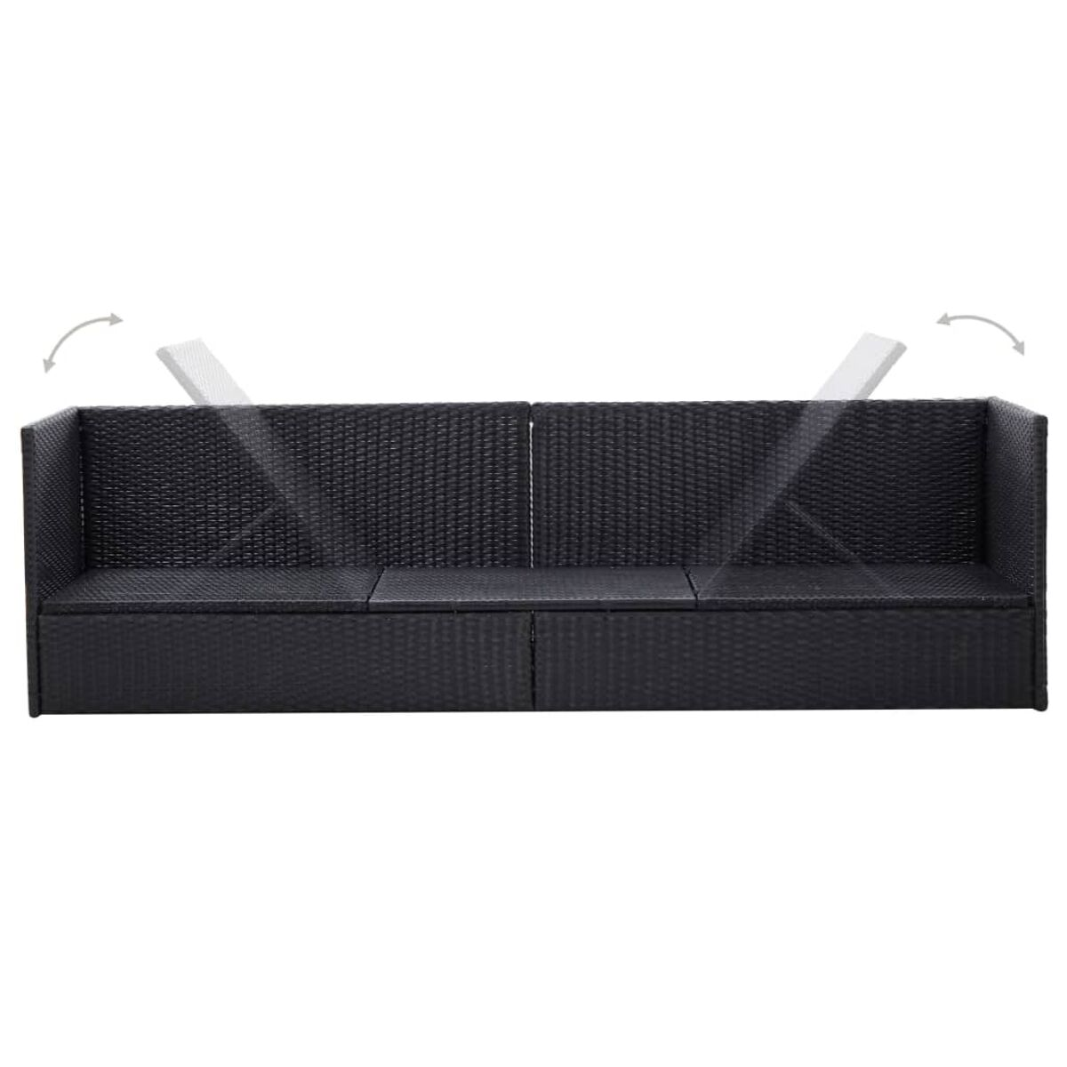 Schwarzes Websofa mit zwei klappbaren Seitenarmlehnen. Das Sofa hat drei Abschnitte und steht vor weißem Hintergrund.