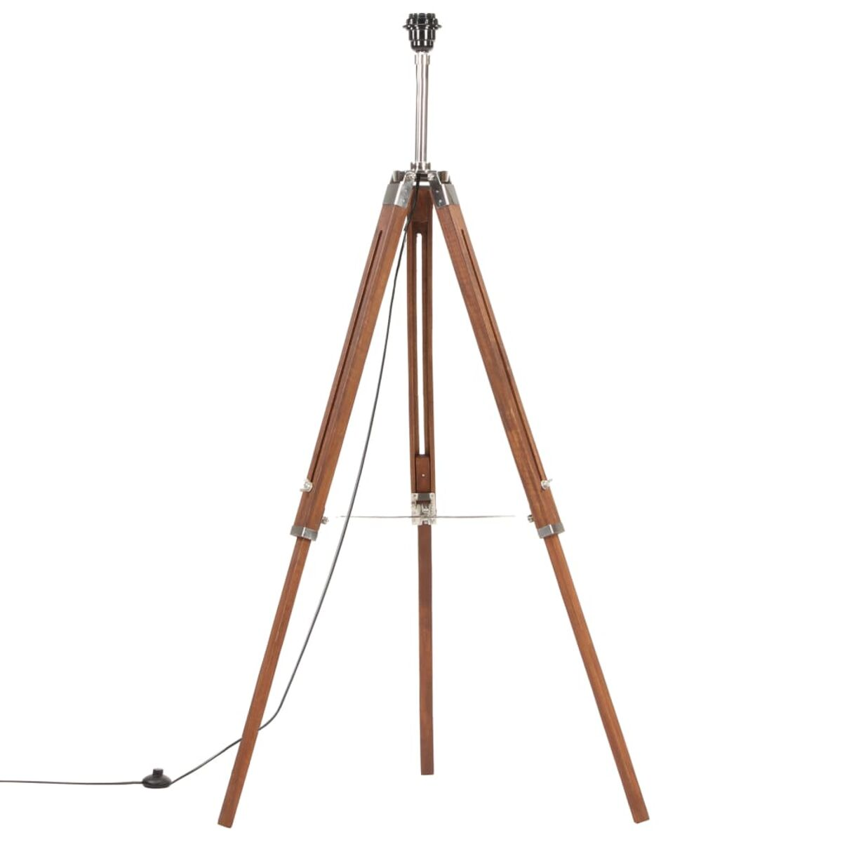 Stehleuchte aus Holz mit Stativ. Braunes Holz und Metallakzente.