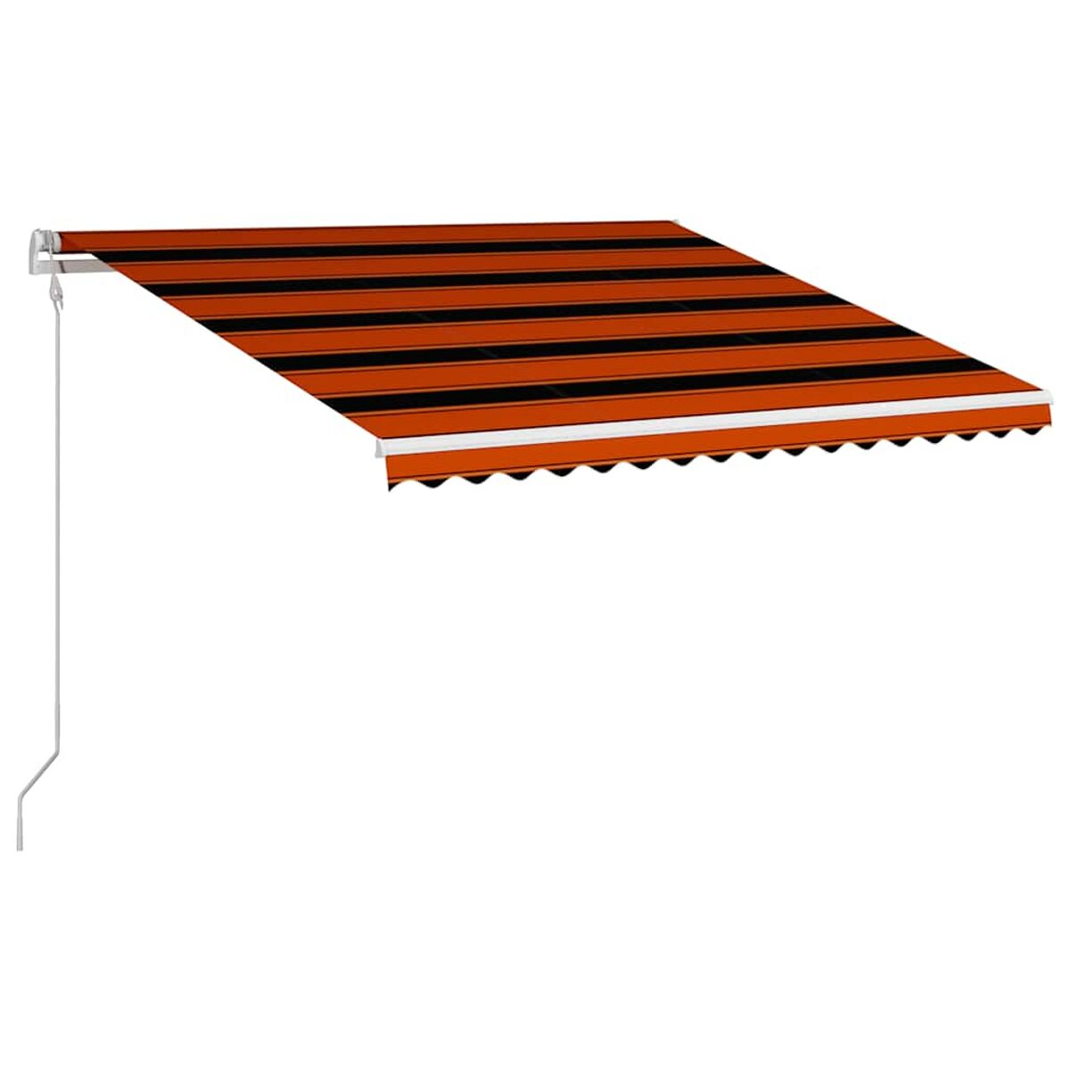 Orangene Markise mit schwarzen Streifen, weißem Rand und gewelltem Rand, auf weißem Grund.