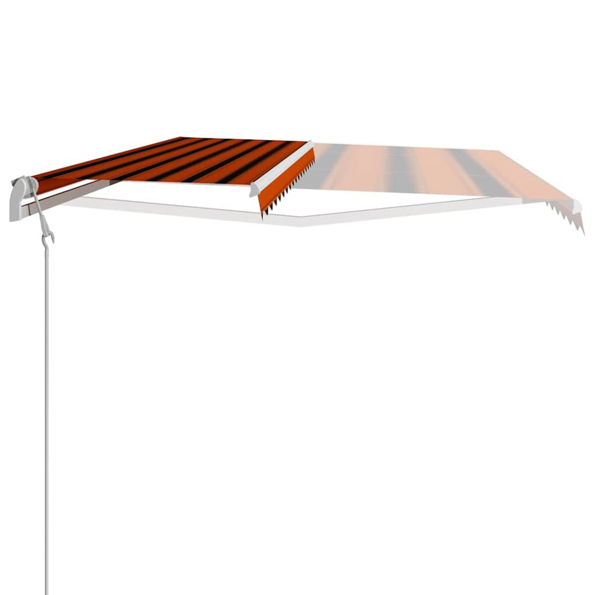 Ausgefahrene Markise mit orangefarbenen und schwarzen Streifen. Metallrahmen auf weißem Grund.