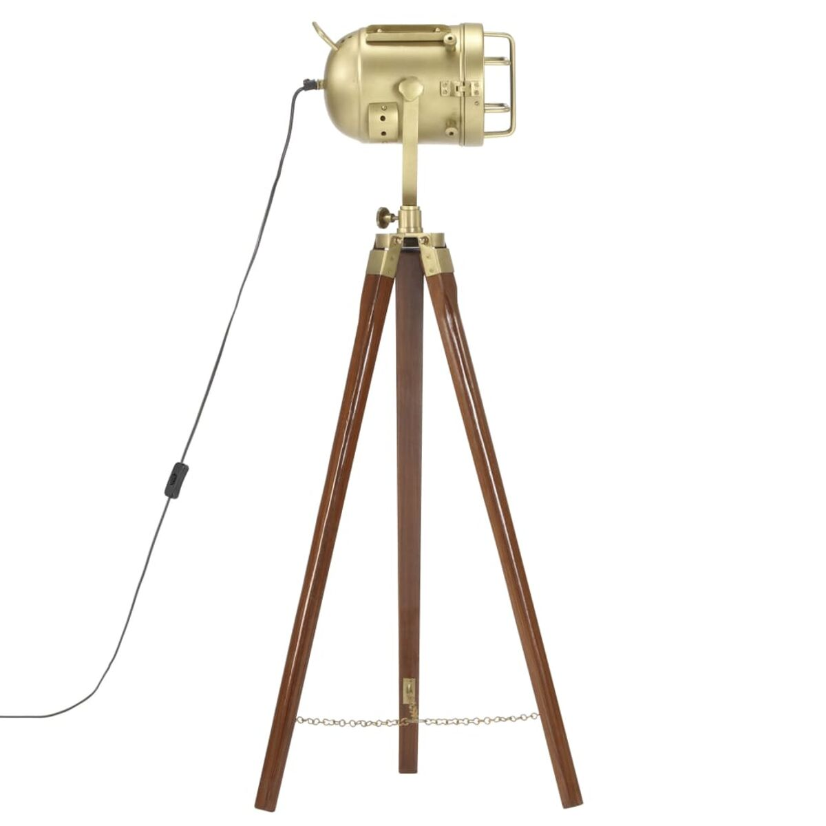 Goldener Scheinwerfer auf einem Stativ. Die Lampe hat eine metallische Oberfläche und Holzbeine.