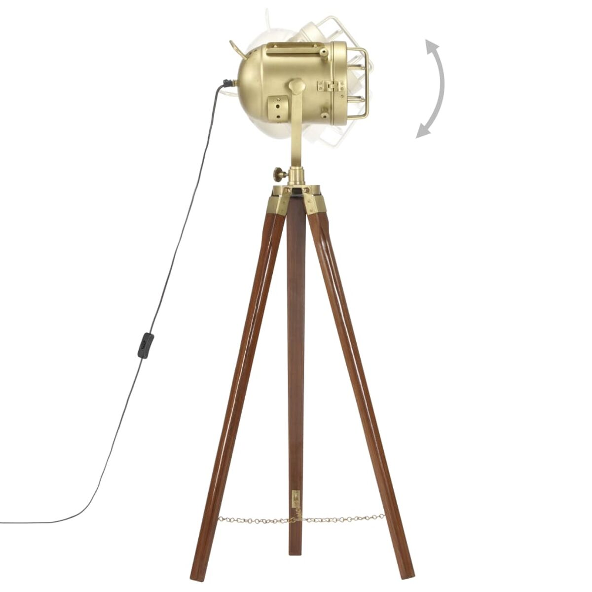 Eine goldene Stativ-Stehleuchte mit Scheinwerfer, Kabel und schwarzem Schalter.