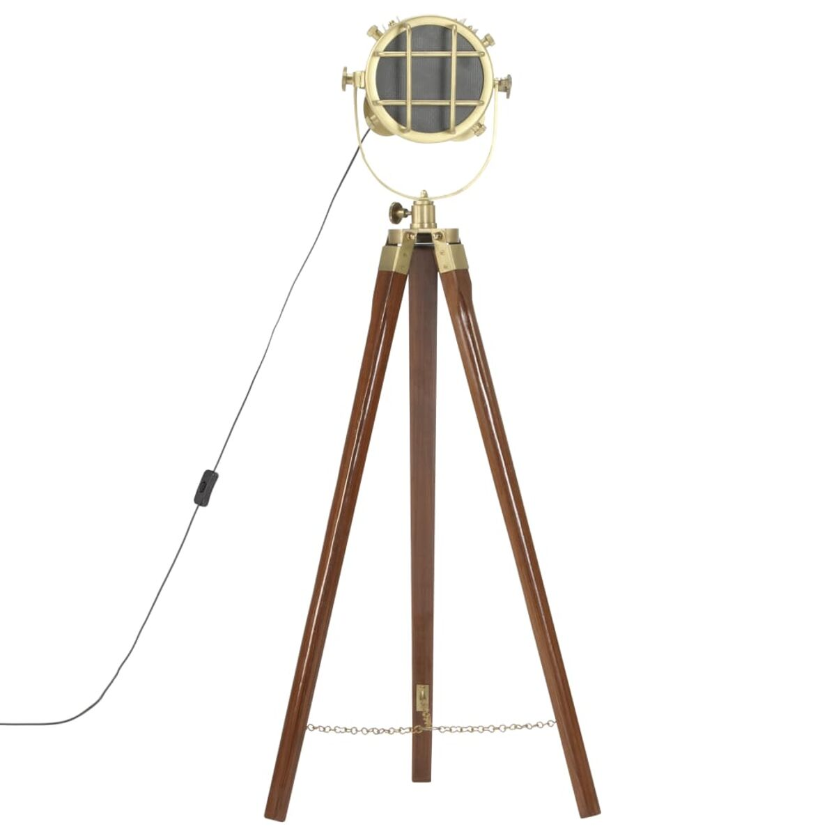Stativ-Stehlampe. Holzbeine, Messingdetails und ein runder Lampenkopf. Schwarzes Kabel, neutraler Hintergrund.