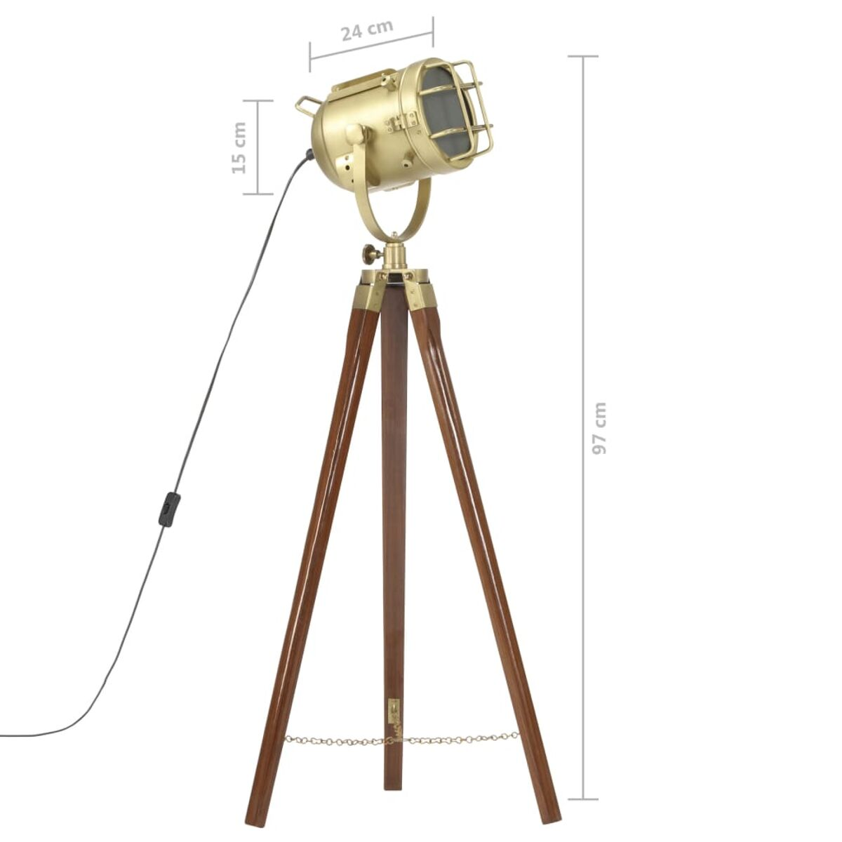 Goldene Stativ-Stehlampe. Vintage-Scheinwerfer. Holzbeine. Isoliert.