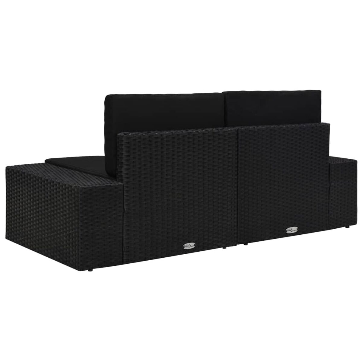 Schwarzes Outdoor-Sofa-Set aus Korbgeflecht mit schwarzen Kissen. Es hat ein modernes Design.