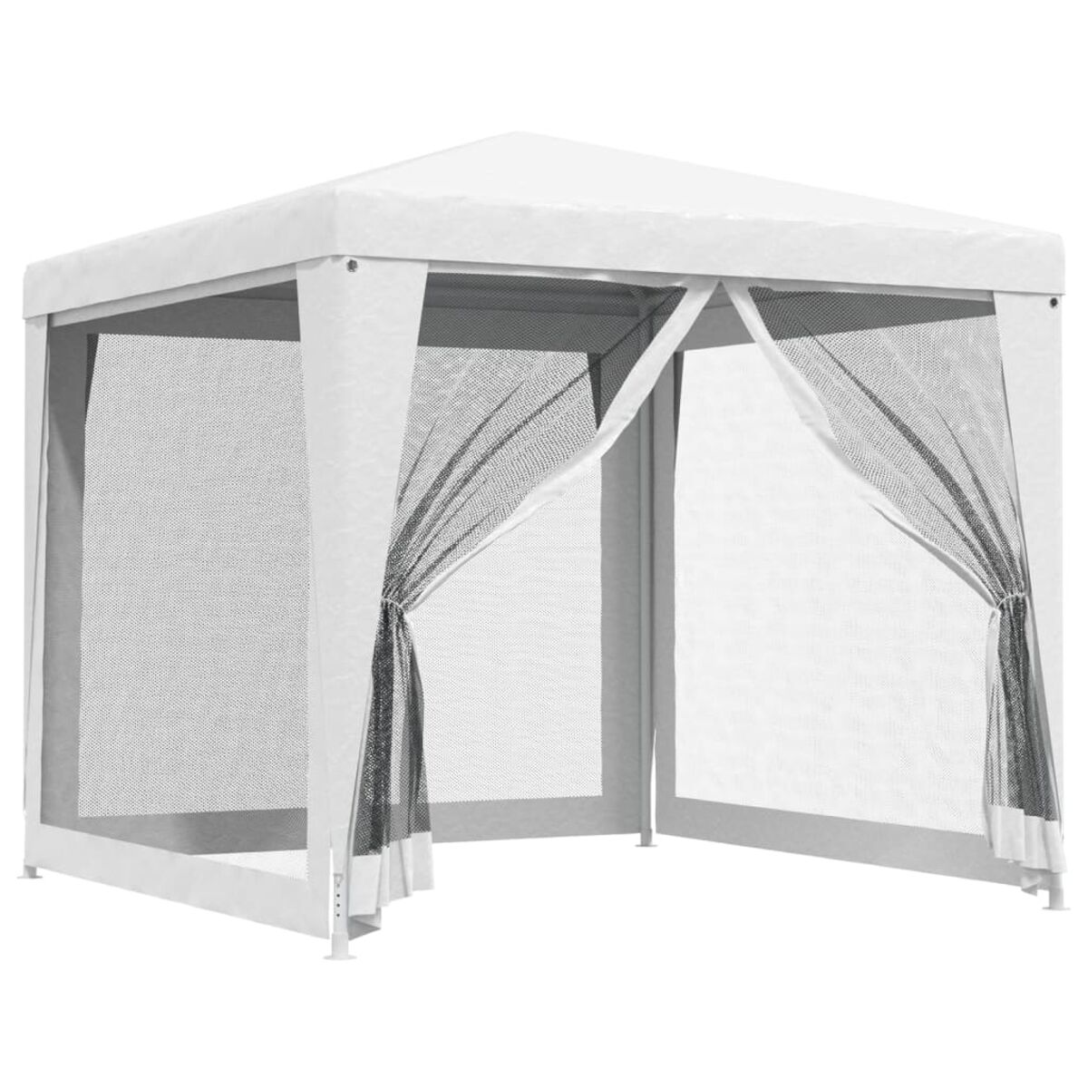 Ein weißer Pavillon mit Netzwänden und Vorhängen. Die Vorhänge sind zurückgebunden. Es ist auf weißem Hintergrund.