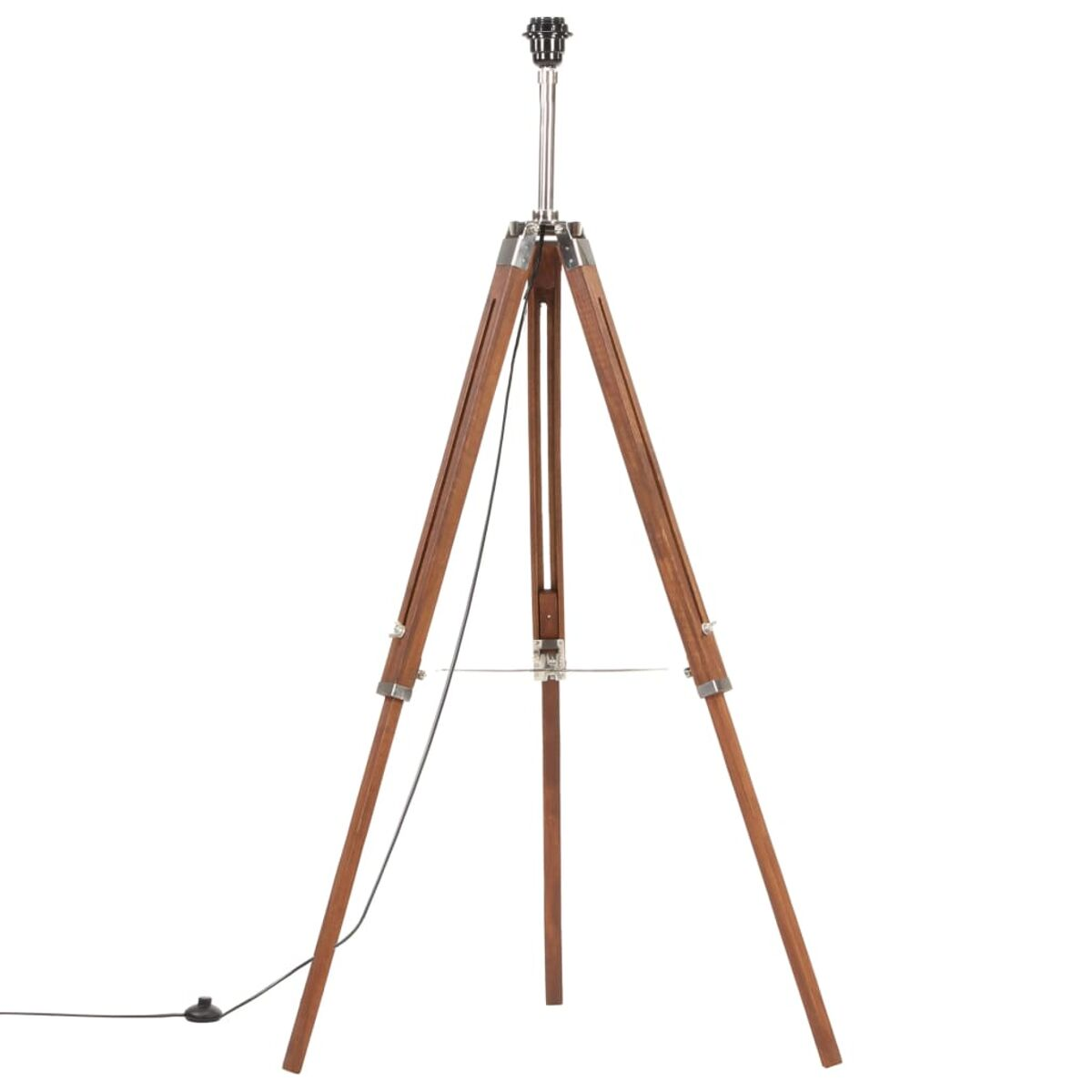 Stehleuchte mit Holzstativ, silbernem Oberteil und schwarzem Netzkabel. Die Lampe hat eine Glühbirne.