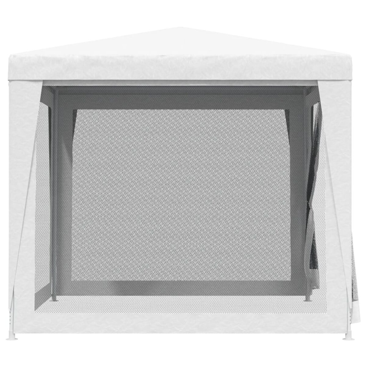 Ein weißer Pavillon mit Gitterseiten. Der Pavillon hat ein Spitzdach und ein schlichtes Design.