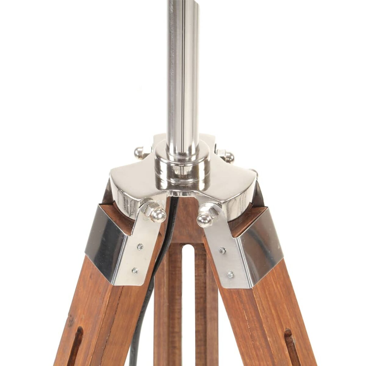 Stativlampenfuß aus Holz und Metall, Nahaufnahme.