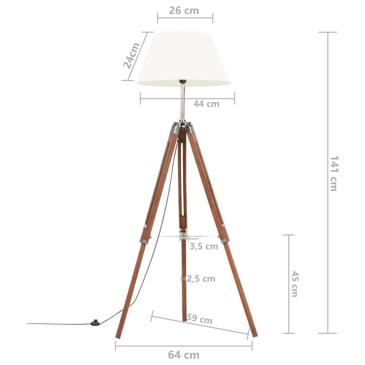 Stativ-Stehlampe mit weißem Lampenschirm und braunen Holzbeinen. Maße beschriftet.
