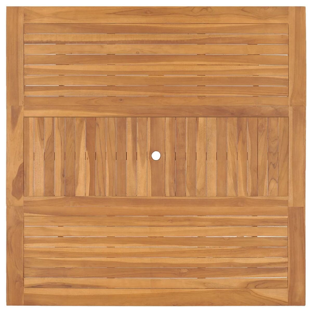 Quadratische Tischplatte aus Holz mit Loch in der Mitte, aus Brettern gefertigt.