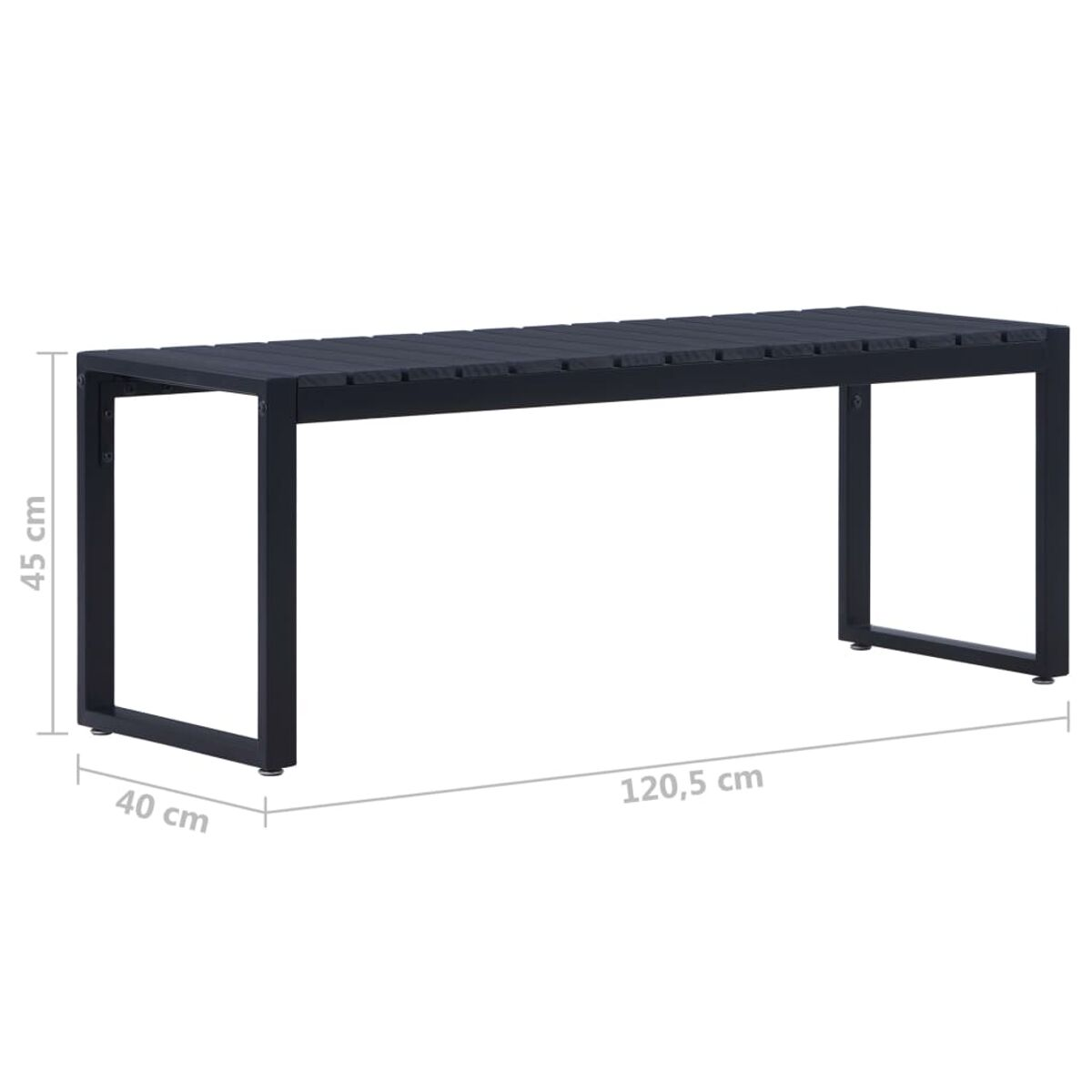Schwarzer rechteckiger Outdoor-Tisch mit Abmessungen in Zentimetern.